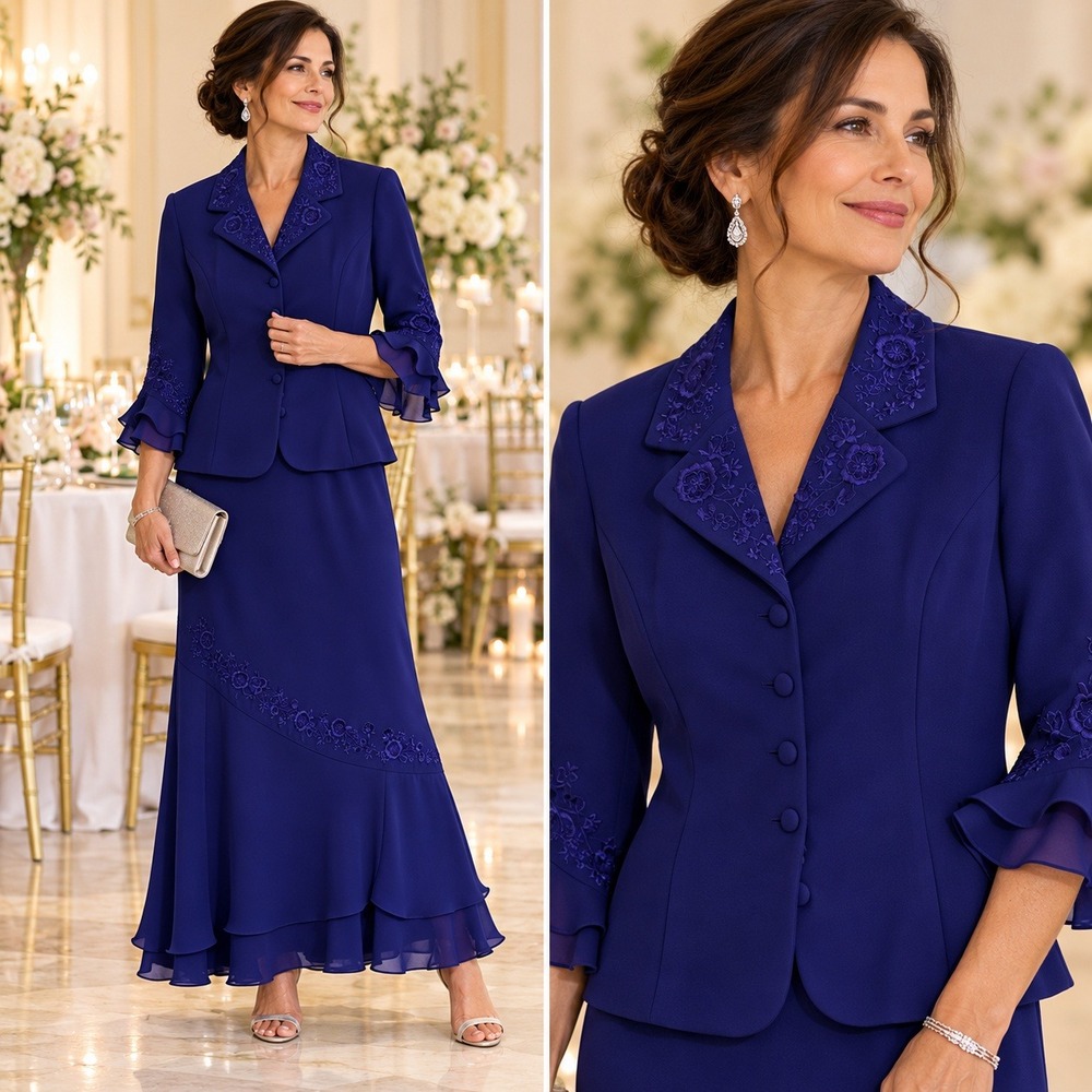 Plaza South Maxi Skirt Suit Women 10P Royal Blue Embroidered Mother of the Bride